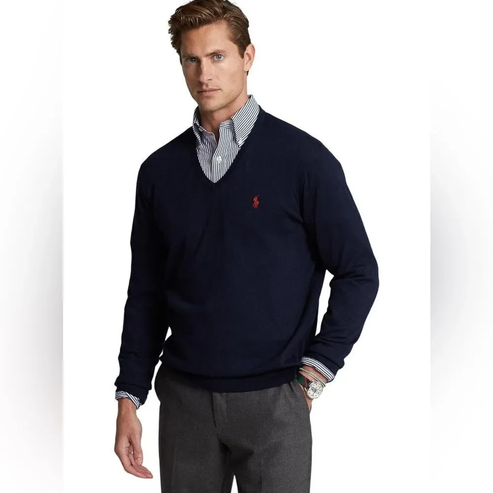 POLO RALPH LAUREN Men's Cotton V-Neck Sweater Navy NEW with tag XXL